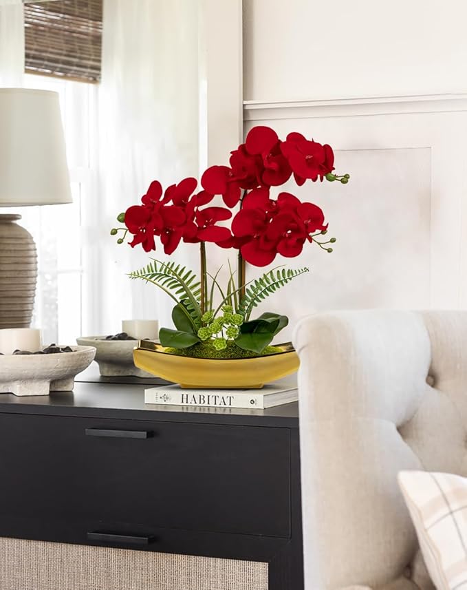 Briful Orchid Artificial Flowers 17" Silk Red Orchid Floral Arrangement with Gold Pot Real Touch Faux Orchid Plant for Home Office Room Kitchen Table Centerpiece Shelf Decor