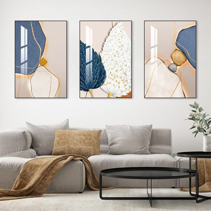 Bright Style Wall Art Set of 3 Frames Canvas Wall art Decor Abstract Minimalism Natural Posters & Prints, large Size Wall Art For Living room Bedroom Kitchen Office (24 "X 16" X 3 pieces, Blue)