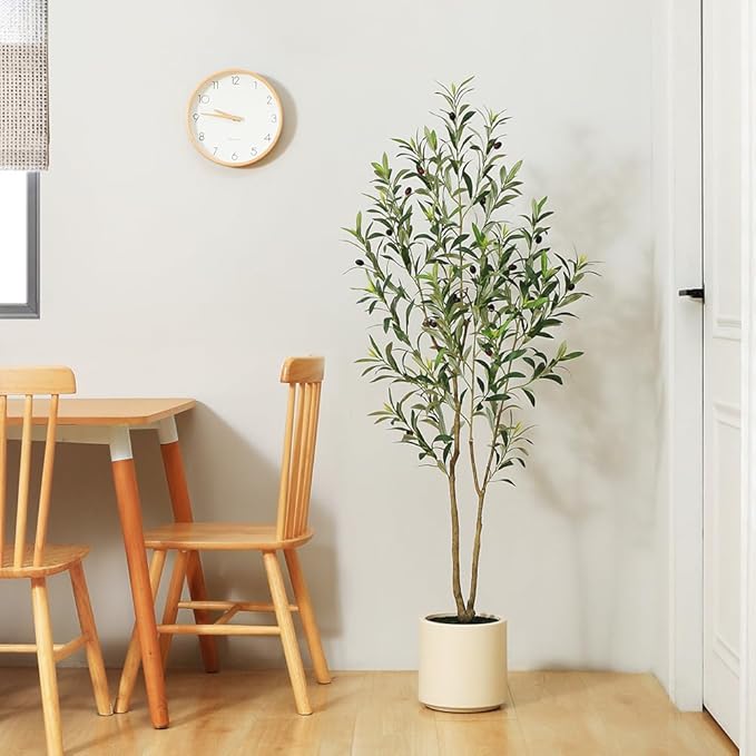 LOMANTO Artificial Olive Trees, 5 ft Tall Fake Olive Trees for Indoor, Faux Olive Silk Tree, Large Olive Plants with White Planter for Home Decor and Housewarming Gift, 1 Pack