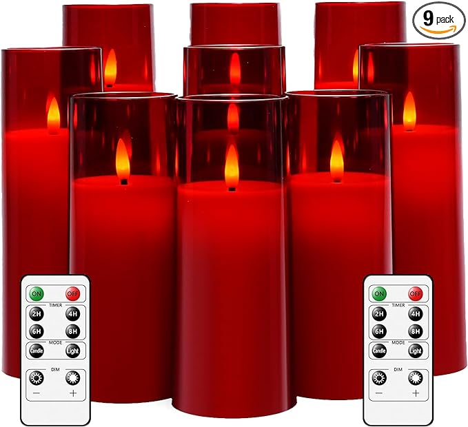 Flickering Flameless Candles Battery Operated with Remote and 2/4/6/8 H Timer Plexiglass Led Pillar Candles Pack of 9 (D2.3 xH 5" 6" 7") with Realistic Moving Wick Candles for Home Decor(Red)