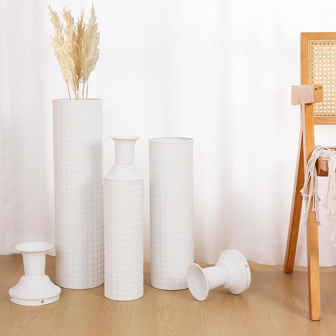 Tall Floor Vase for Pampas Grass, Extra Large Vase Decor, Set of 3 Floor Vases Decorative Tall Vases Home Decor, Metal Material, Handcrafted Rattan Pattern, Matte White