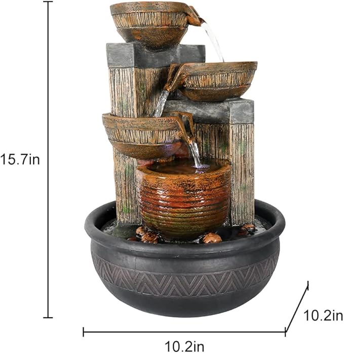 15.7''H 4-Tier Relaxation Indoor Tabletop Waterfall Fountain with LED Lights Desktop Fountains Calming Sound for Home Office Bedroom Decor (Brown, 15.7inch)