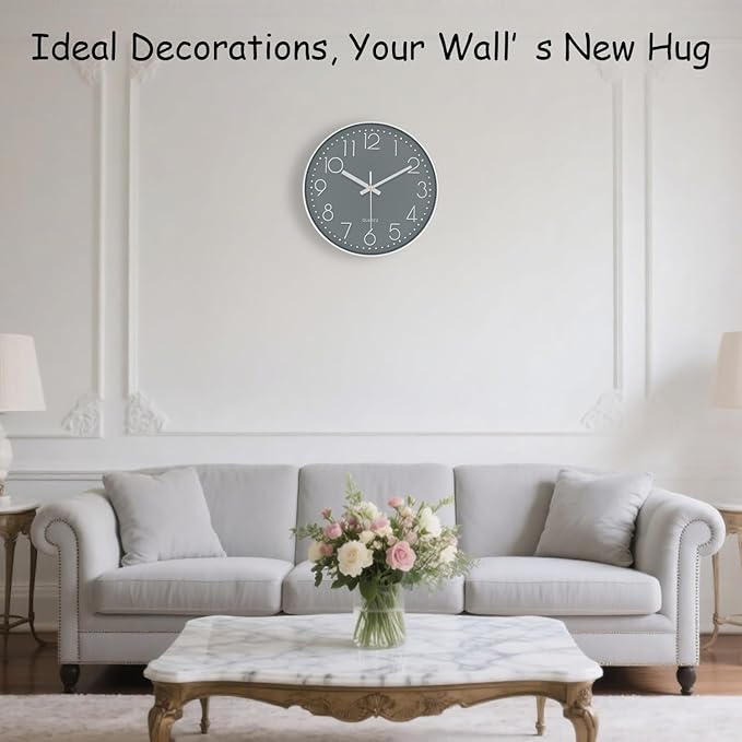 Modern Silent Wall Clock - 12 Inch Wall Clocks Battery Operated Large Number, Non-Ticking Analog Clock with Tempered Glass Quartz Clocks for Living Room Bedroom Office Kitchen, Grey
