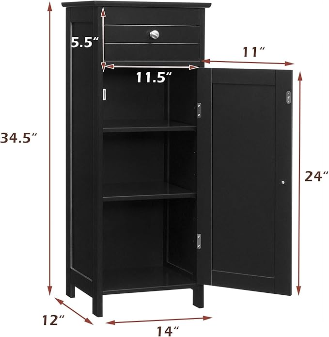 GLACER Floor Storage Cabinet, Multifunctional Bathroom Storage Cabinet with 2 Adjustable Shelves, Ideal for Bathroom, Living Room, 14 x 12 x 34.5 inches (Black)
