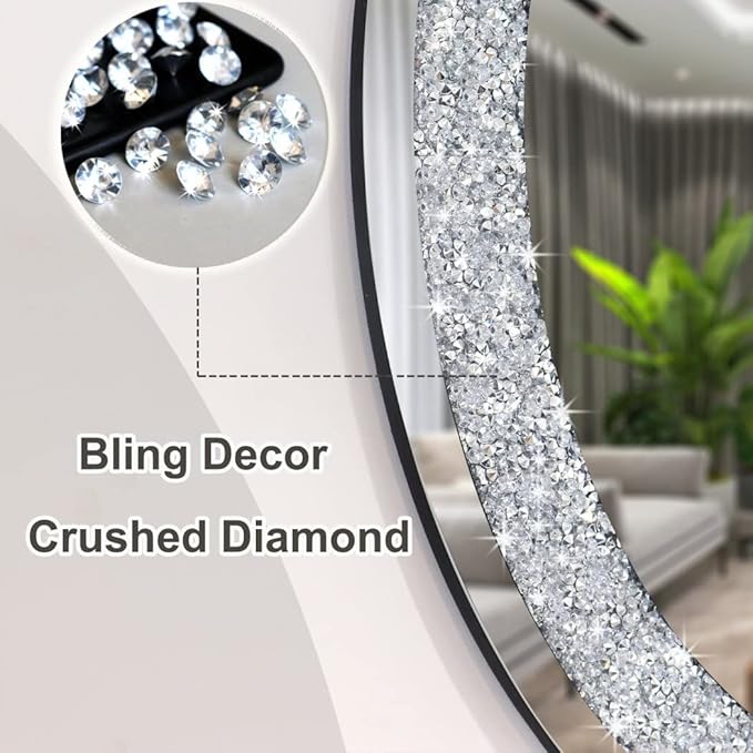 DMDFIRST Crystal Crushed Diamond Oval Shaped Silver Mirror Glam Bling for Wall Decoration 24x32x0.9inch Frameless Wall Hang Sparkly Glass Mirror Stunning Stylish Fashion Home Decor Decorative Mirror