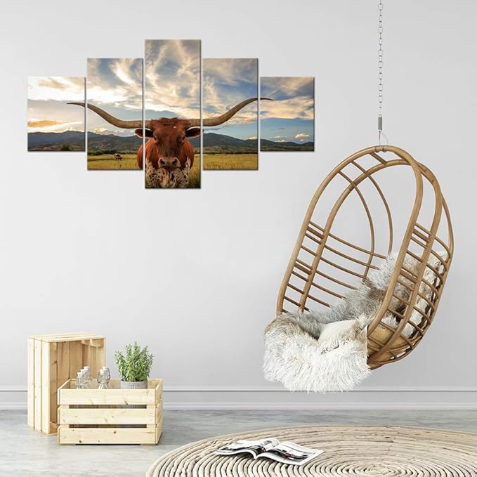 5 Piece Animal HD Painting Canvas Prints Texas Longhorn Steer in Rural Utah Giclee Artwork Modern Framed and Stretched Wall Art Painting for Living Room Decor - 60''W x 32''H