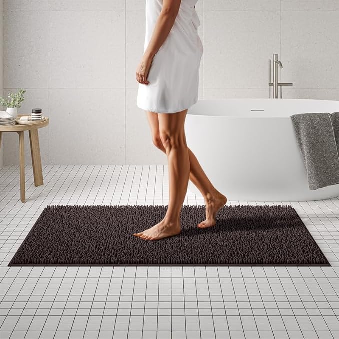 MAYSHINE Plush Shaggy Chenille Bath Mat | Extra Soft, Super Absorbent, Non-Slip Bathroom Rug | Fluffy Microfiber, Area Rug Sets for Bathroom Floor, Kitchen, Living Room | 59"x31" | Brown