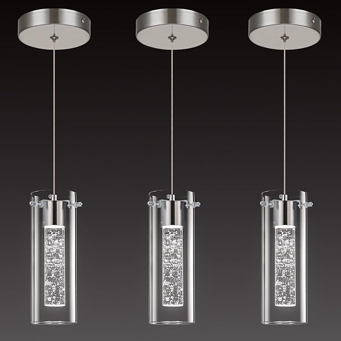 Modern LED Pendant Light, Hanging Crystal Ceiling Fixture Mini Bedroom Bedside Table Small Chandelier with Clear Glass Shade(3 Pack Brushed Nickel)