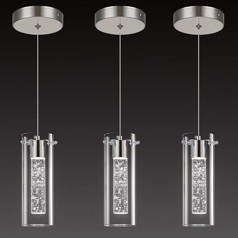 Modern LED Pendant Light, Hanging Crystal Ceiling Fixture Mini Bedroom Bedside Table Small Chandelier with Clear Glass Shade(3 Pack Brushed Nickel)