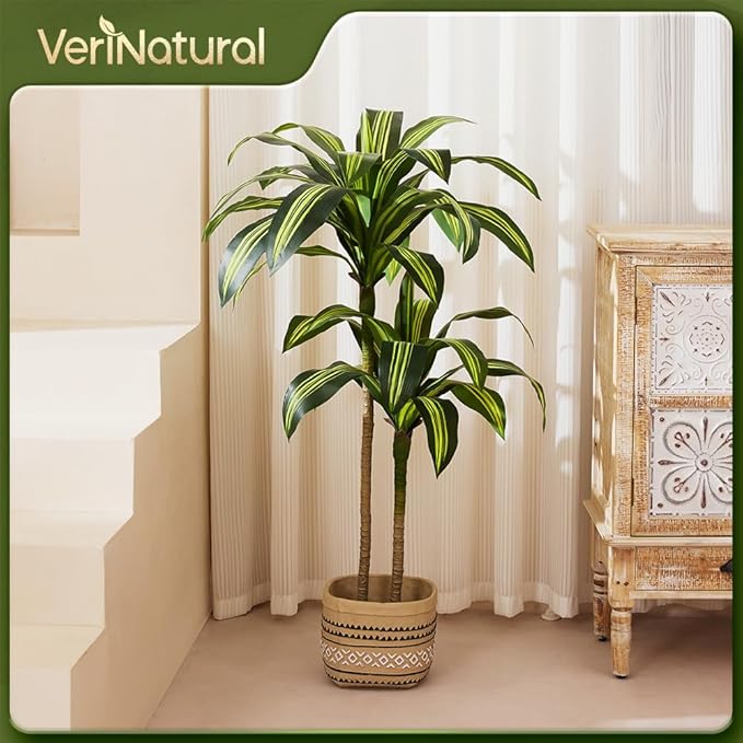 Artificial Dracaena Tree 4FT - Tall Faux Floor Plant with UV-Resistant,Artificial Plants with Lifelike Leaves,Potted Fake Trees for Home, Living Room,Indoor & Outdoor Decor,VN123(Yellow)