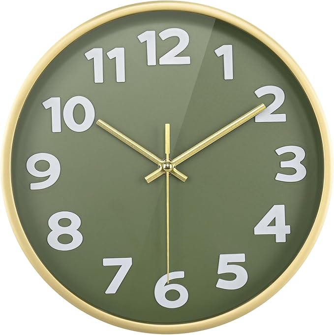 Wall Clock, 10 Inch Silent Wall Clocks Battery Operated, Modern Non-Ticking Analog Clock Decorative for Kitchen Bedroom Office Bathroom- Olive Green and Gold