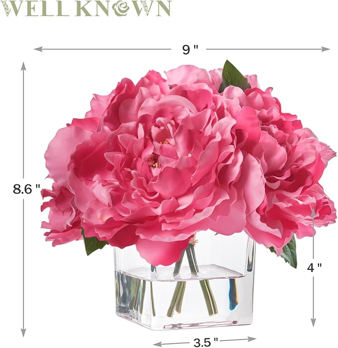 Artificial Peonies Flowers Arrangements in Cube Glass Vase, WELLKNOWN Silk Flower Centerpieces for Dining Room Table, Coffee Table Decor, Faux Peony Flowers with Faux Water (Fuchsia)