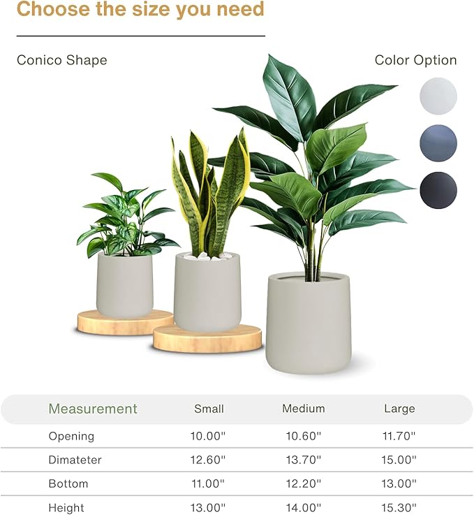 13" H x 12.6" D Conico Fiberstone Round Planter with Drainage Hole, Smooth Finishes, Weather Resistant for Indoor and Outdoor Use, Included 2 Extra Coco Mats (Taupe, 10" Pot Opening)