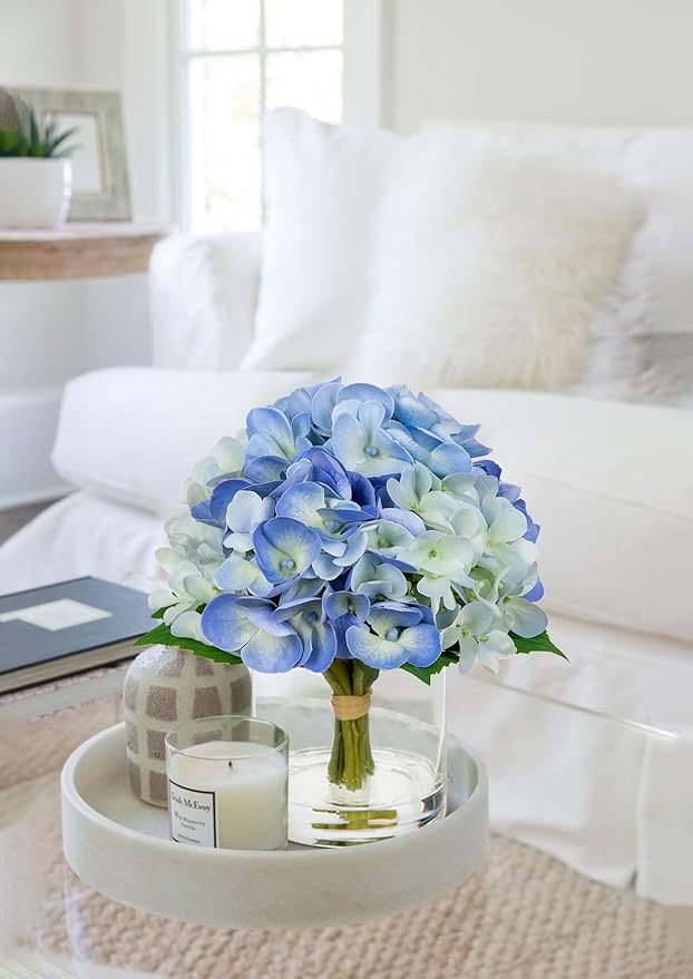 Hollyone Blue Hydrangea Artificial Flowers in Vase Latex Real Touch Small Faux Hydrangea Flowers Arrangements Hydrangeas Fake Flower with Glass Vase with Faux Water for Table Centerpiece Home Decor