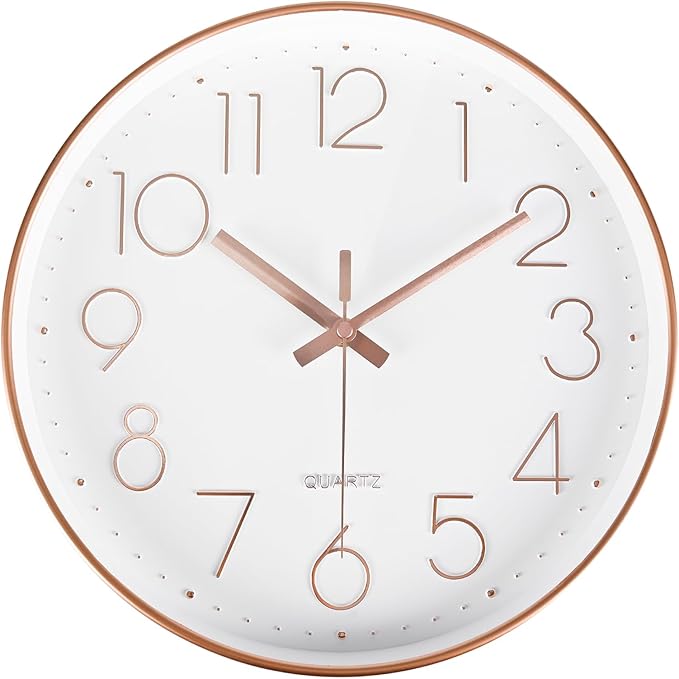 Wall Clock 10 Inch Battery Operated Modern Round Non-Ticking Wall Clocks for Kitchen, Office, Classroom (Rose Gold)