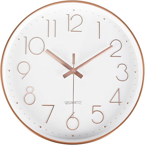 Wall Clock 10 Inch Battery Operated Modern Round Non-Ticking Wall Clocks for Kitchen, Office, Classroom (Rose Gold)