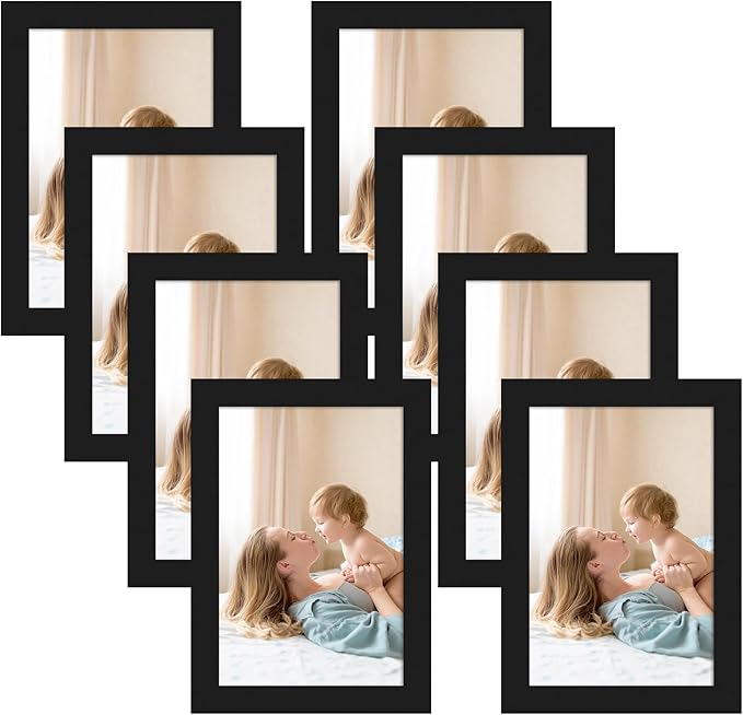 CRUGLA 4x6 Magnetic Picture Frames for Refrigerator 8 Packs, Modified Magnetic Sheet with Self Adhesive Backing, Black 4 by 6 Photo Frame Set for Locker Glass Window Door Cubicle