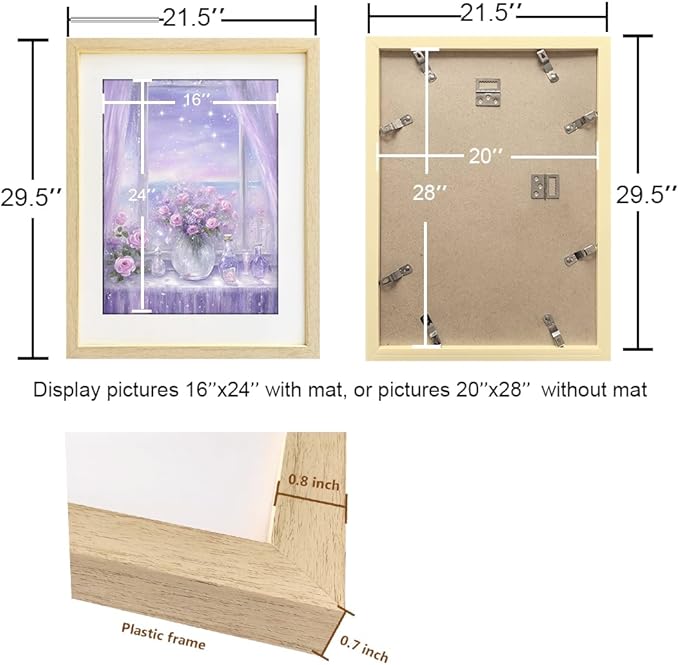 THREELOVE 20x28 Frame Wood Color, Display Picture 16x24 with mat or 20x28 Without mat, Photo Poster Picture Frame Wall Mounting Home Decor, 1-PCS