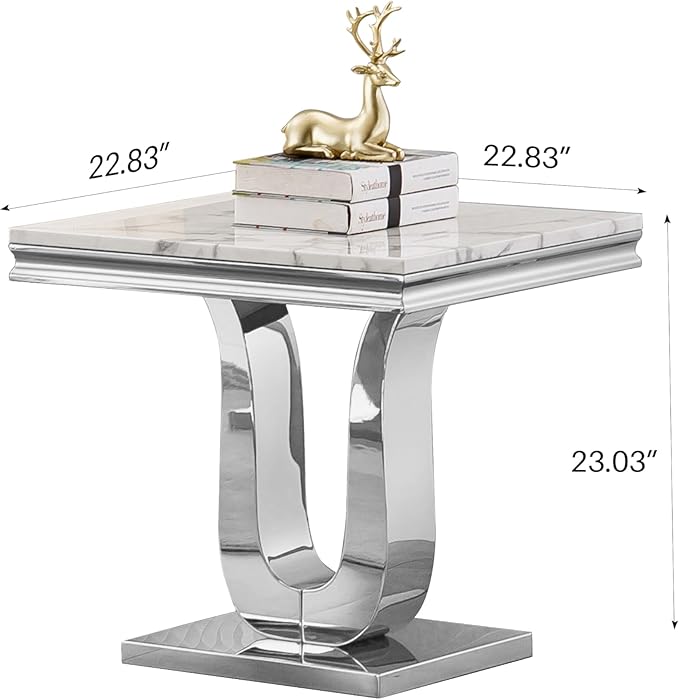 SSLine Modern White Faux Marble End Table Luxury Square Sofa Side Table with Silver Pedestal Base Mid-Century Elegant Bedside Table w/Mirrored Stainless Steel Frame for Living Room Bedroom