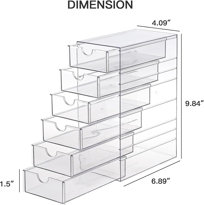 FABROK Clear Hair Accessory Organizer Box with 6 Drawers, Compact Storage Organization Drawers Set for Cosmetics, Glasses, Stationery, Stackable Storage Containers Box for Bathroom, Closet, Office