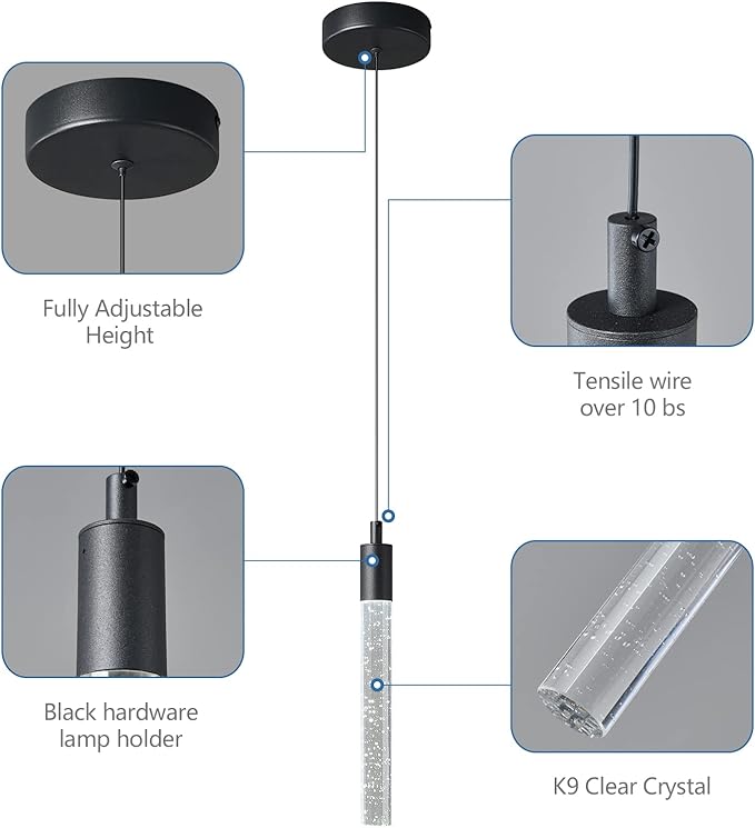 Modern Kitchen Island Pendant Light Dimmable LED Black Finish Mini Crystal Pendant Lighting Bedroom Bedside Table Small Pendant Lights（1-Pack）