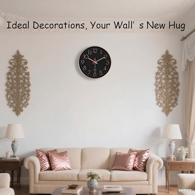 Wall Clock, Silent Wall Clocks Battery Operated 10 Inch- Modern Non Ticking Analog Clock with Large Numerals Tempered Glass Clocks for Bedroom, Living Room, Kitchen, Office Decor, Black