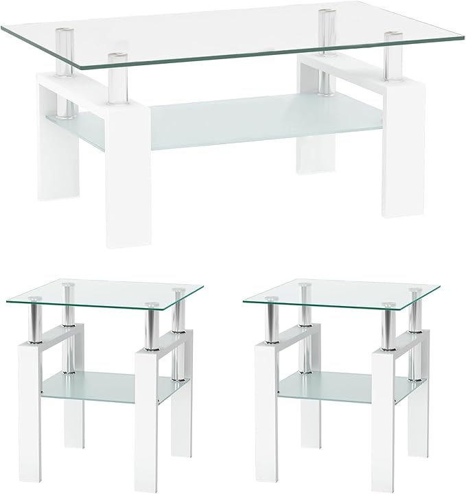 IANIYA 3 Piece Living Room Table Set, Modern Tempered Glass Coffee Table Set, Glass Coffee Table Black Metal Frame End Table for Living Room Apartment Small Space, White
