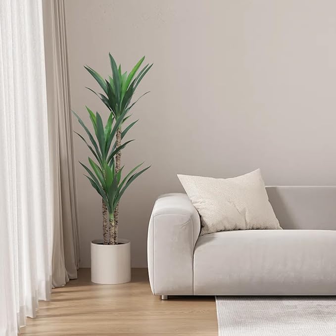 momoplant Artificial Agave Tree 4.5Ft Faux Agave Plant with 3 Heads Silk Faux Tree in Plastic Pot for Home Garden Office Decor