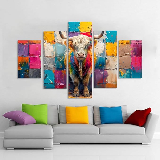 5 Panels Highland Cow Pictures Wall Decor Modern Animals Wall Art Colorful Oil Painting Style Highland Cattle Posters Wall Decor Living Dining Room Classroom Decor Framed - 60''W x 40''H