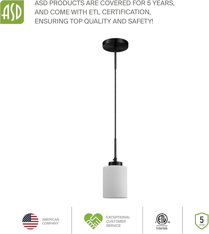 ASD Single Mini-Pendant Ceiling Light Fixture | 60W E26 Socket 120V | Dimmable, LED/CFL/Incandescent Bulbs Compatible, ETL Listed | Hanging Kitchen Island Lighting, Frosted Drop Lamp | Black