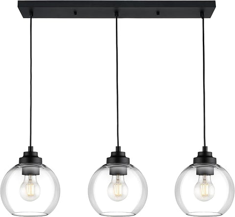 Black Island Light, 3-Light Linear Chandelier with Clear Glass, Globe Pendant Light Fixture for Dining Room Kitchen Island Living Room Pool Table, ZCPL101BK-3S