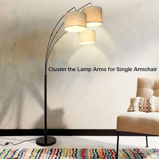 DLLT 3-Light Arc Floor Lamp, Modern LED Floor Lamp with Hanging Lampshades, 79 Inches Tall Standing Lamp with 3-Way Switch for Living Room Bedroom Reading Office Lighting, E26 Base, 9W Bulbs Included