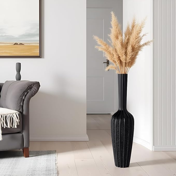 Modern Black Floor Vase - 23.62 Inches Tall Decorative Vase for Dried Flowers, Home Decor Accent, Resin Tall Floor Vase