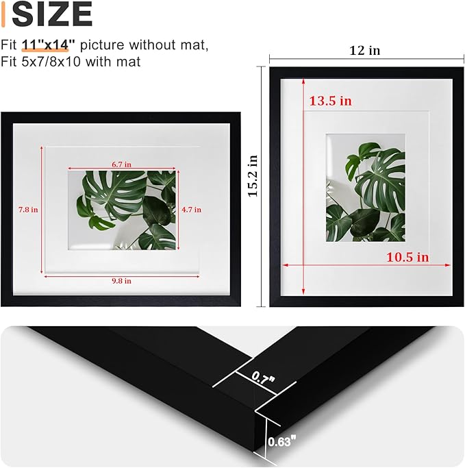 Egofine 11x14 Picture Frames Made of Solid Wood 6 PCS Black Covered by Plexiglass - for Table Top and Wall Mounting for Pictures 8x10 or 5x7 with Mat Horizontally or Vertically Display Photo Frame