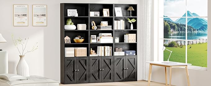 Tall Wooden Bookshelf with Cabinet and Doors,Vintage Black Bookcase for Bedroom, Living Room, or Home Office Storage, 6 Shelves for Heavy Books & Organization