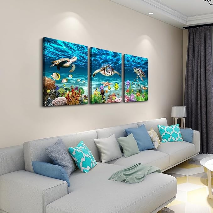 DZRWUBHS Large Canvas Art - Blue Ocean Sea Turtle Wall Painting Set of 3 for Living Room, Bedroom, Modern Office, Bathroom Decor