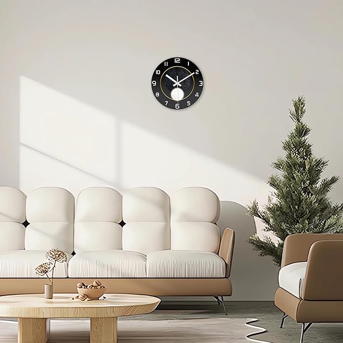 XNM Round Black Wall Clock for Bedroom 12 Inch Small Wall Clocks Battery Operated Silent Wall Clock Modern