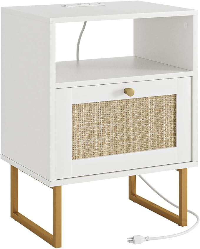 Rattan Nightstand with Charging Station, Mid Century Modern Night Stand,Boho Farmhouse Wood Bedside Table with Storage and Open Shelf, End Side Accent Table for Bedroom,Living Room,White