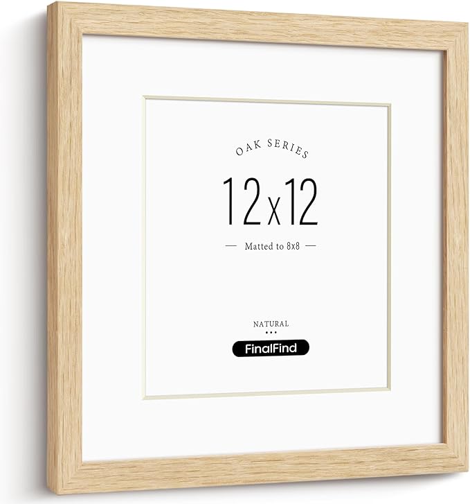 12x12 Frame with Mat for 8x8, Natural Solid Oak Wood Picture Frame with Tempered Glass for Wall Mounting(Single,Oak)