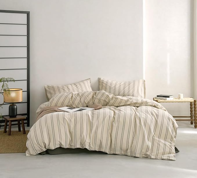 VM VOUGEMARKET Teen Boys Duvet Cover Set Twin,Greyish-Green Stripes Duvet Cover with 2 Pillowcases,Modern Cozy Washed Cotton Comforter Cover with Zipper Closure & Corner Ties 68"x90"(3pcs,Twin XL)