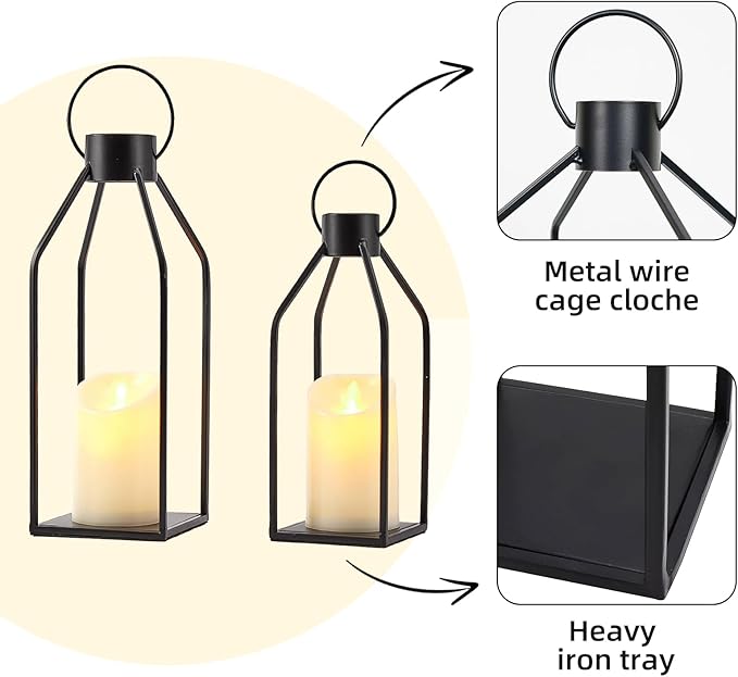Modern Farmhouse Lantern Decor,16'' 12'' 2 Pcs Metal Candle Lanterns with Flameless Candles Black Decorative Lantern for Front Porch Covered Patio Dining Table Entryway Table Wedding Home Decor