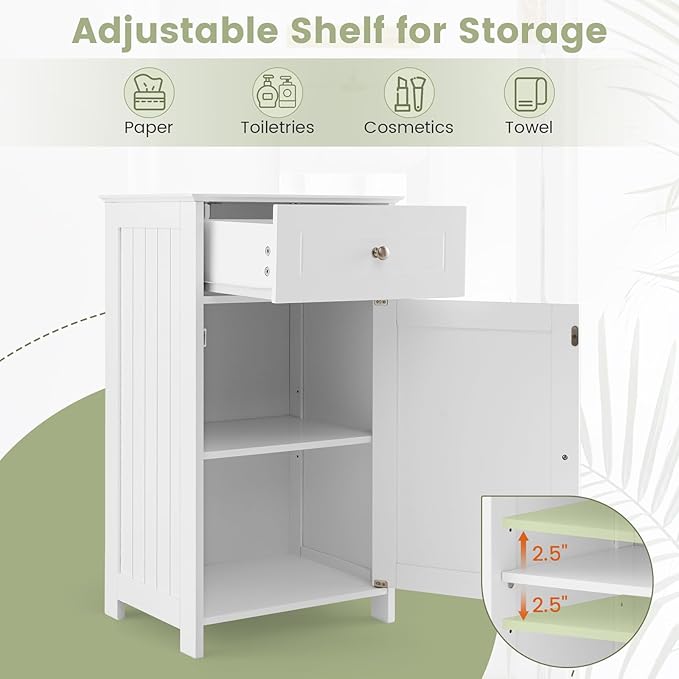 Tangkula Small Bathroom Cabinet for Small Spaces, Freestanding Single Door Bathroom Storage with Adjustable Shelf, Anti-Tipping Device, Smooth Drawer, Floor Cabinet for Living Room
