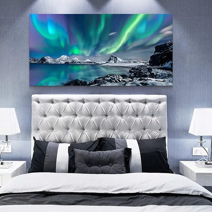 MHARTK66 Large Wall Decor For Living Room Canvas Wall Art For Bedroom Blue Aurora Scenery Painting Artwork Modern Canvas Art Prints Ready To Hang Office Pictures For Hotel Room Home Wall Decoration