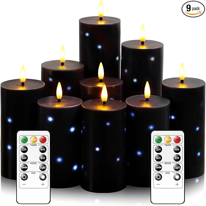 Flickering Flameless Candles,Battery Operated Real Wax LED Pillar Candles with Remote Control and Timer,with Embedded Star String,Set of 9 (Black)