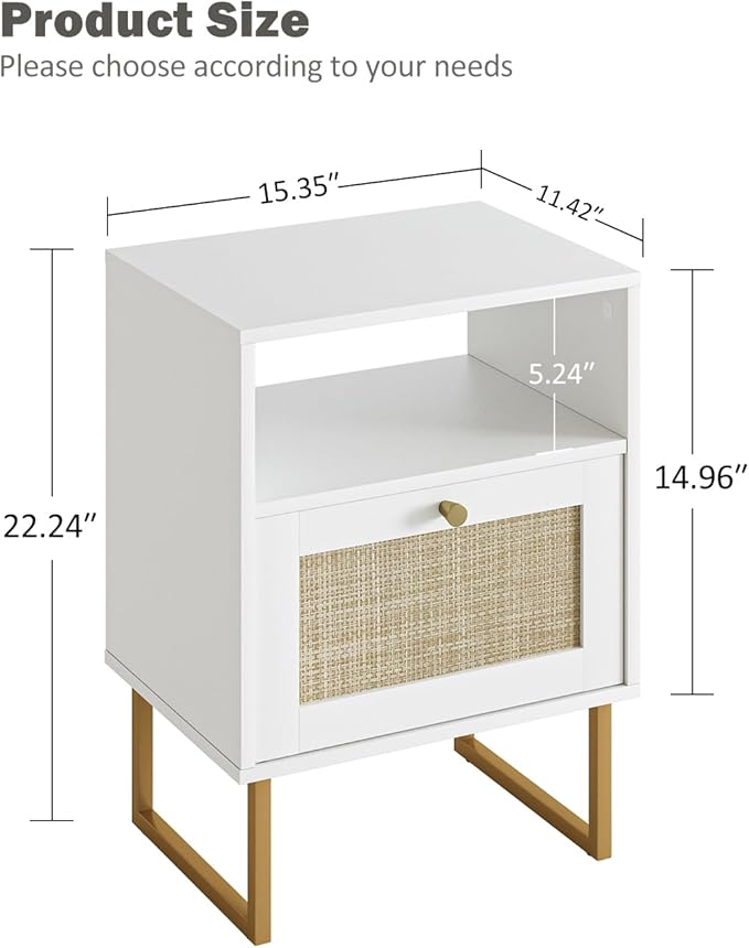 Rattan Nightstand, Boho Night Stand Farmhouse Wood Bedside Table with Storage and Open Shelf, End Side Accent Table for Bedroom,Living Room,White
