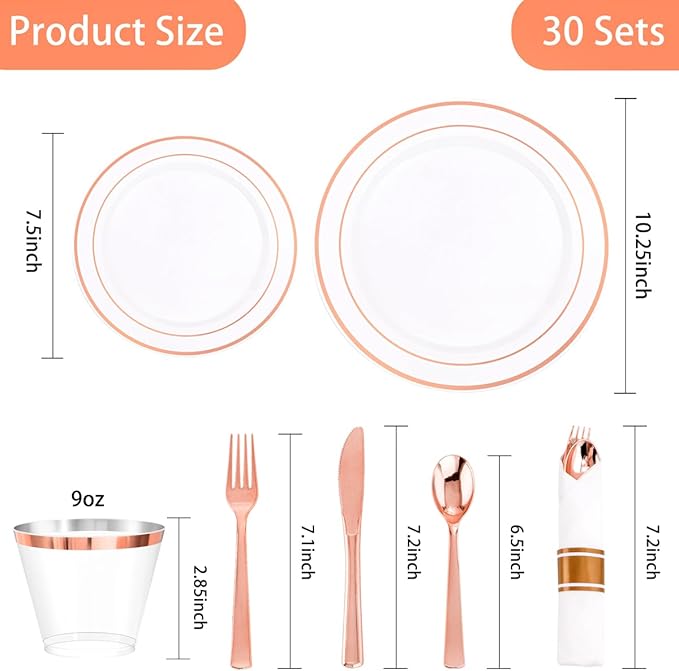 DaYammi 210PCS Rose Gold Plastic Dinnerware Set for 30 Guests, Valentine's Day Plates for Party, Include: 30 Dinner Plates, 30 Dessert Platos, 30 Pre Rolled Napkins with Rose Gold Silverware, 30 Cups