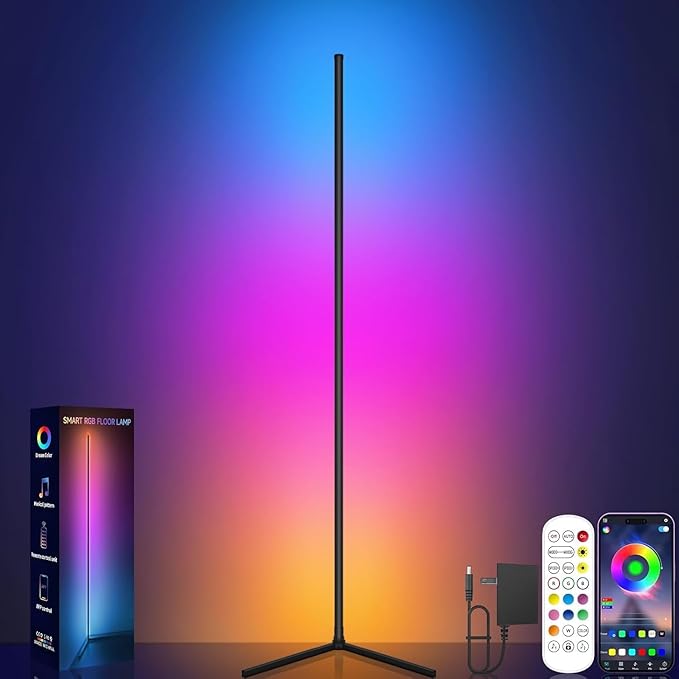 Smart RGB Floor Lamp with Remote Control, Color Changing LED, App Compatible, Black