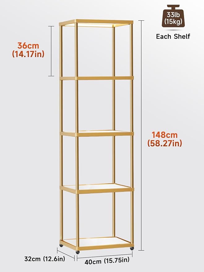 MANBUR Display Shelf with Dimmable LED Floor Lamp, Display Cabinet with Glass Bookcase, Home Decor, Bedroom Decor, Bookshelf with Light, Open Book Shelf with 5-Tier Shelf for Living Room Decor Gold