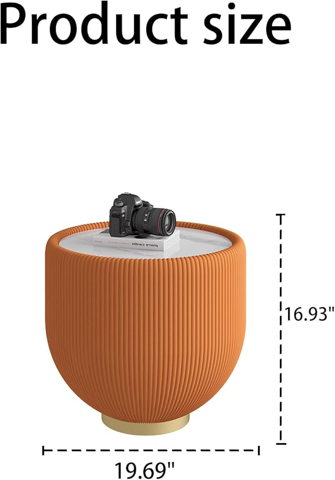 19.7" Round End Table Luxury Cup Shape Leather Sofa Accent Tables, Circle Bed Couch Table PU Leather, Modern White Marble Top Drum Bowl Beside Tables for Living Room Bedroom Apartment