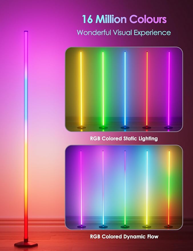 RGB Corner Floor Lamp, 65" Color Changing LED Floor Lamp Music Sync Light Bar Bluetooth APP Remote Control 16 Million DIY Colors, Light Timing, Mood Ambient Lighting